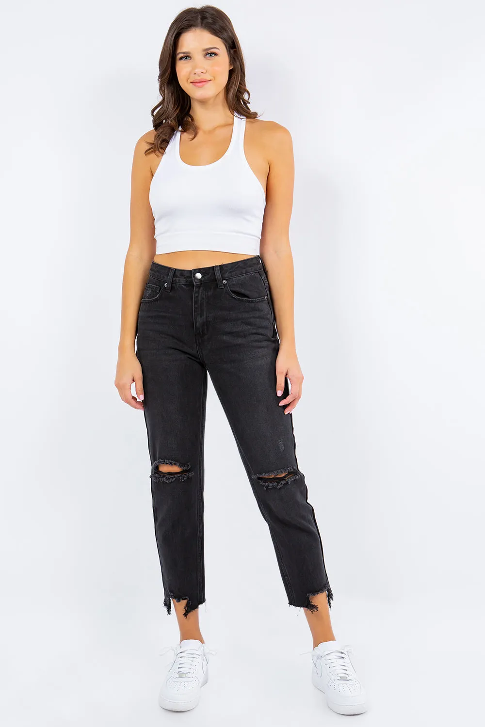 American Bazi High Waist Distressed Cropped Straight Jeans 2-5 Day USA Shipping