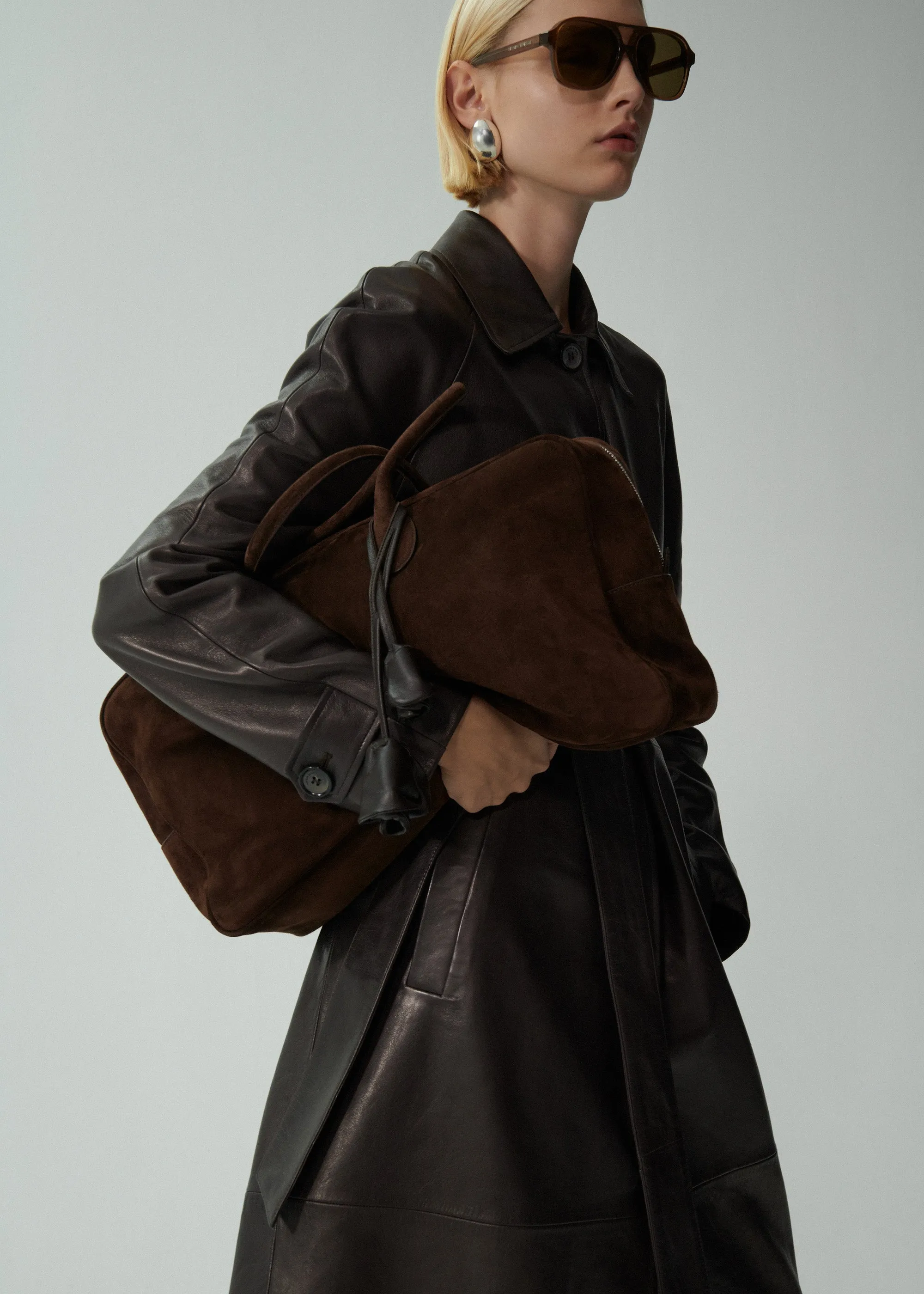 Belted leather coat in brown