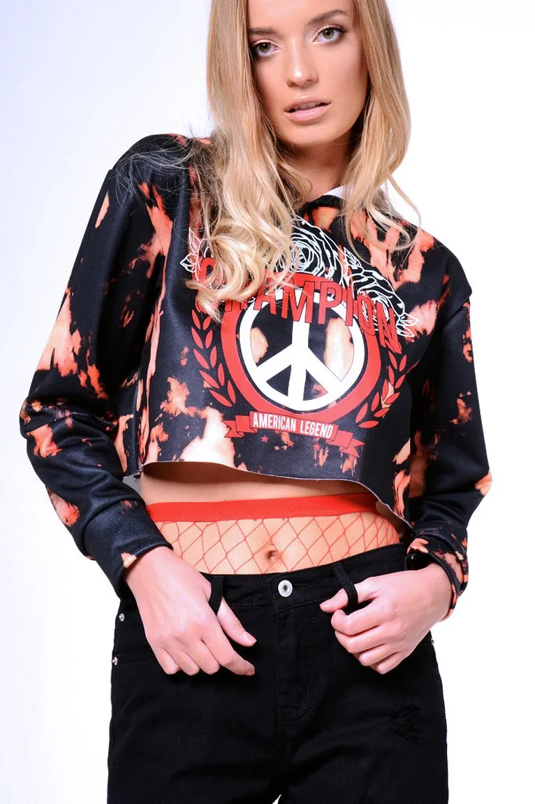 Black Tie Dye Cropped Champion Graphic Hoodie - Lauren