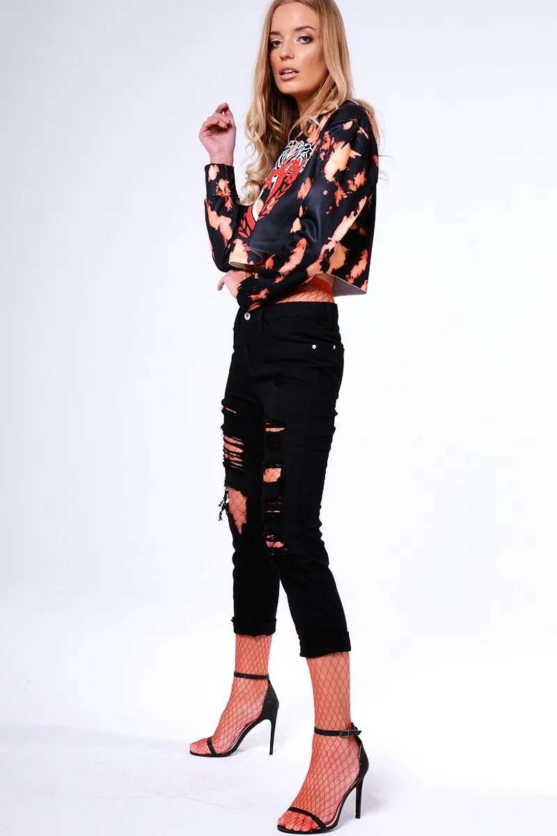 Black Tie Dye Cropped Champion Graphic Hoodie - Lauren