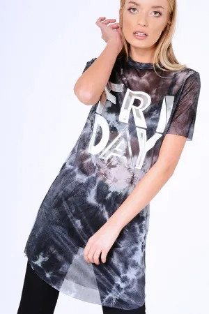 Black Tie Dye Sheer Mesh 'Friday' Slogan T-Shirt Dress - Flynn