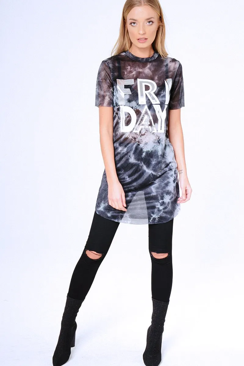 Black Tie Dye Sheer Mesh 'Friday' Slogan T-Shirt Dress - Flynn