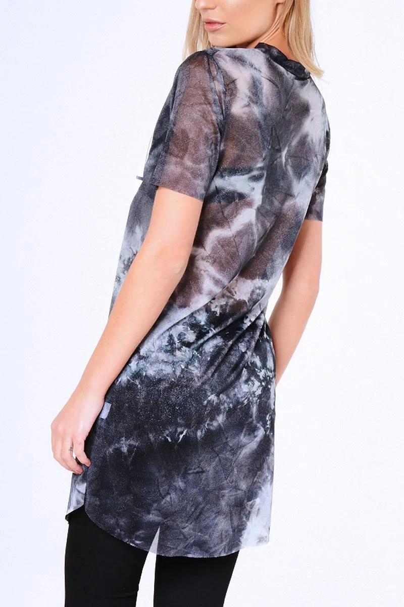 Black Tie Dye Sheer Mesh 'Friday' Slogan T-Shirt Dress - Flynn