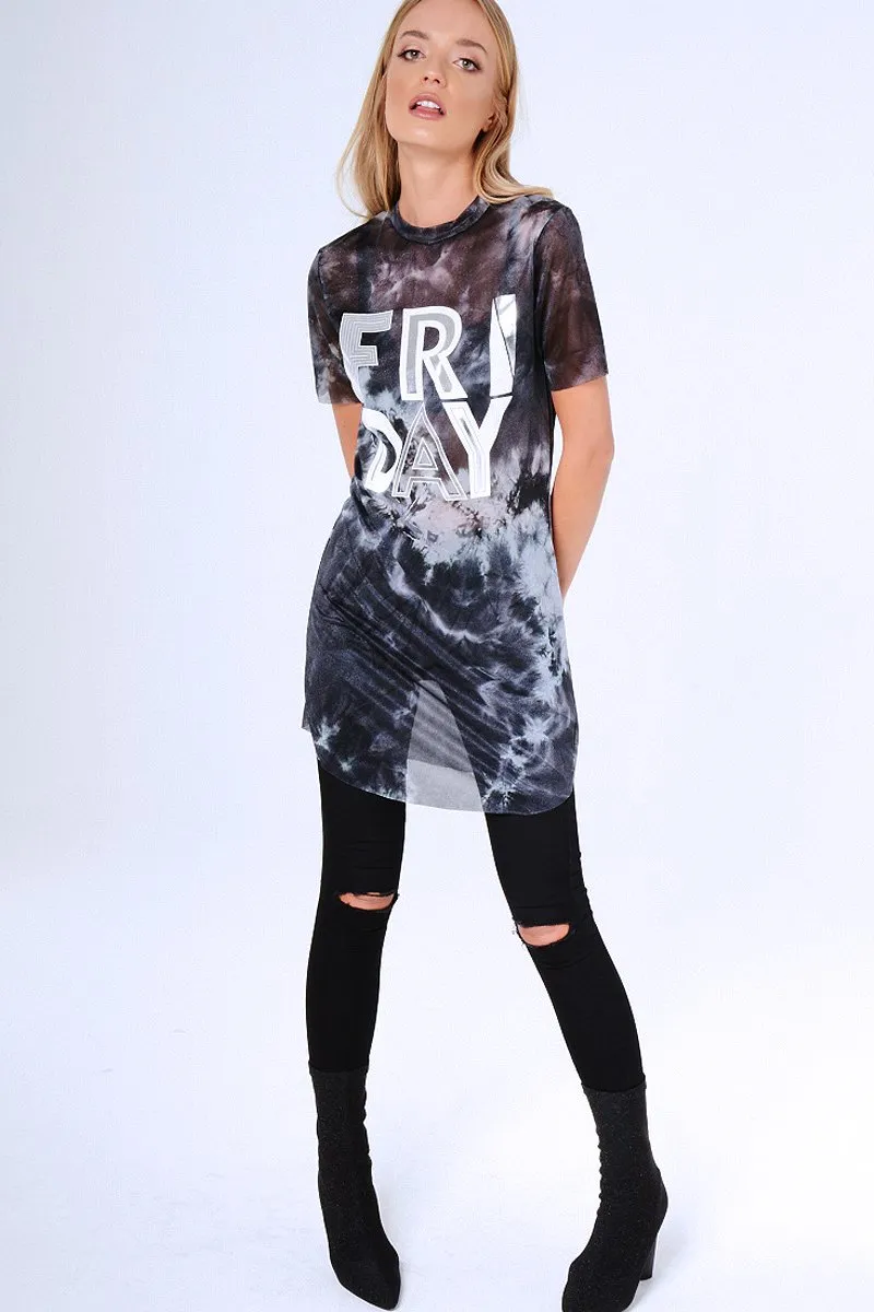 Black Tie Dye Sheer Mesh 'Friday' Slogan T-Shirt Dress - Flynn