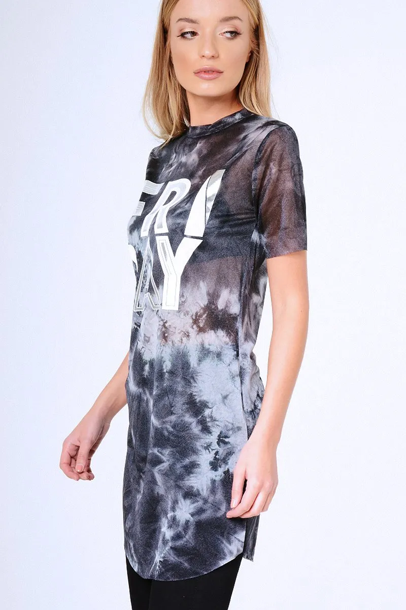 Black Tie Dye Sheer Mesh 'Friday' Slogan T-Shirt Dress - Flynn