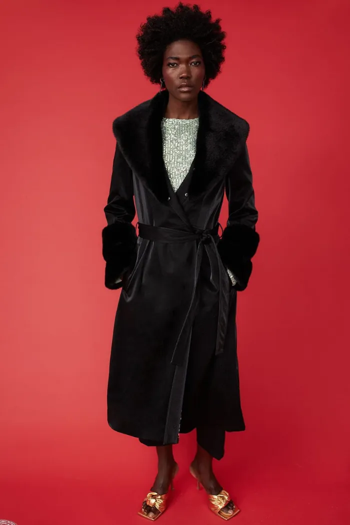 Black Trench Style Belted Coat with Faux Fur Cuffs and Collar