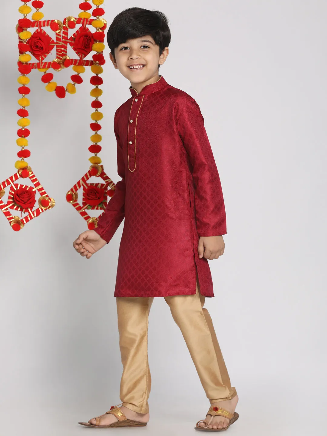 Boy's Pink And Rose Gold Kurta Pyjama Set - Vastramay Boys