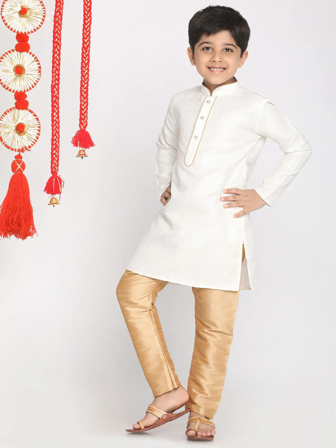 Boy's White And Rose Gold Kurta Pyjama Set - Vastramay Boys