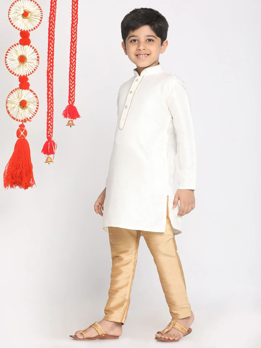 Boy's White And Rose Gold Kurta Pyjama Set - Vastramay Boys