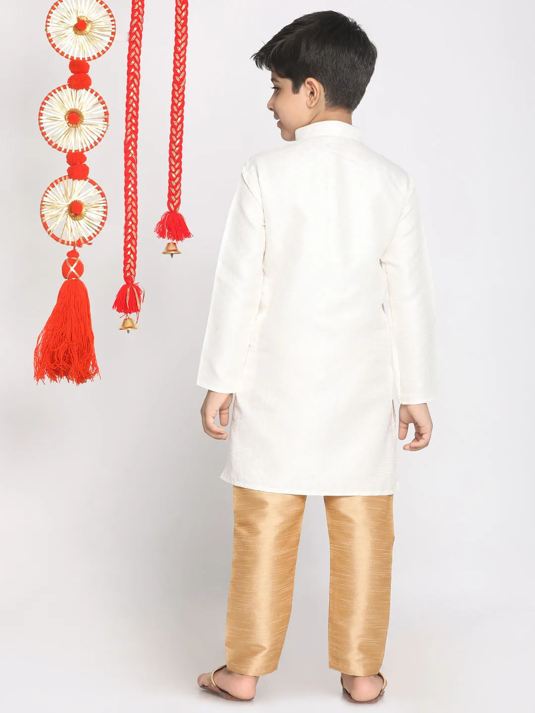 Boy's White And Rose Gold Kurta Pyjama Set - Vastramay Boys