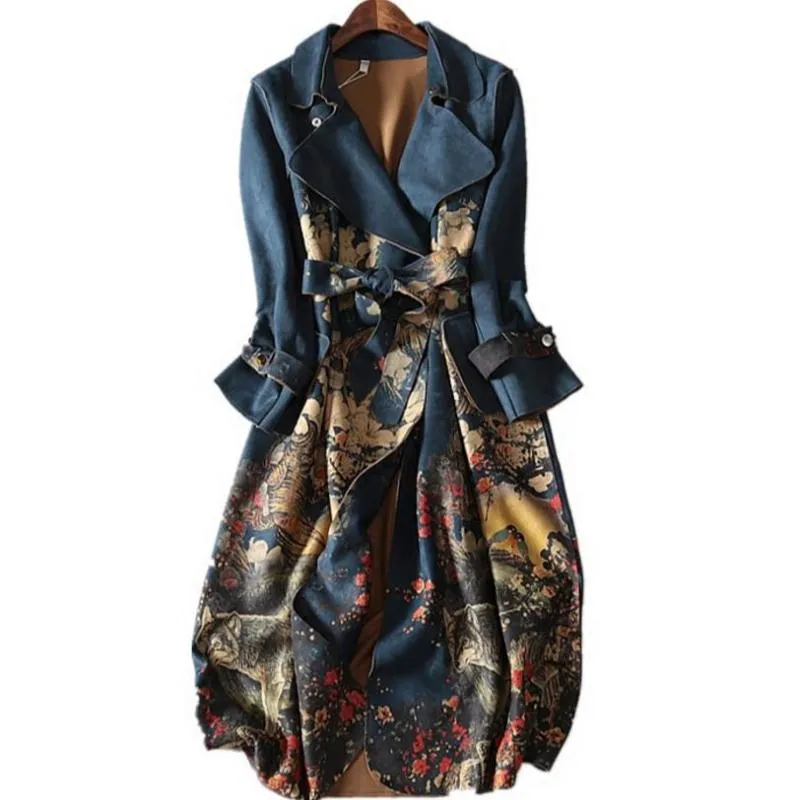 Carah - Long Sleeve Vintage Floral Trench Coat