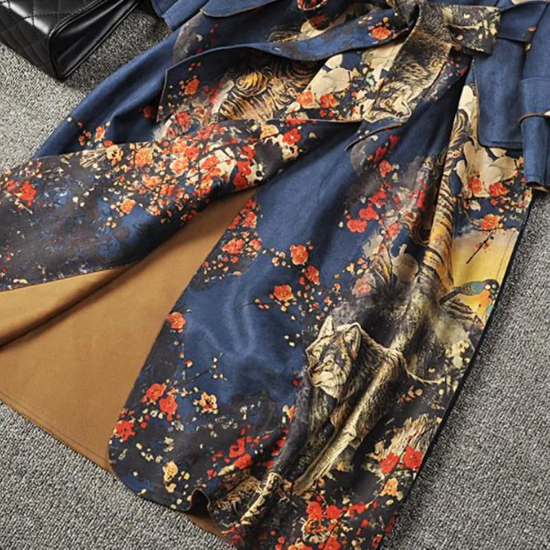 Carah - Long Sleeve Vintage Floral Trench Coat