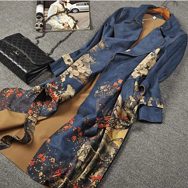 Carah - Long Sleeve Vintage Floral Trench Coat