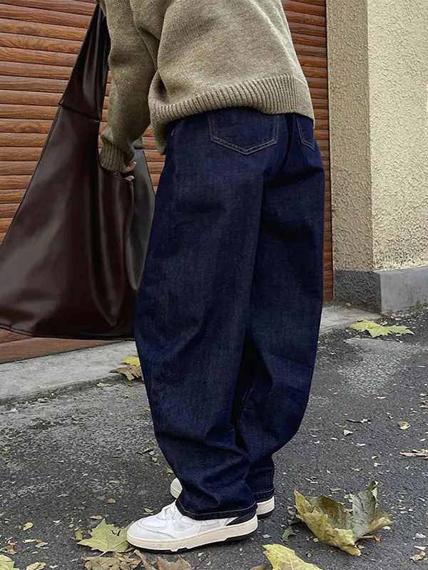 Casual Loose Wide Leg Solid Color Jean Pants Bottoms