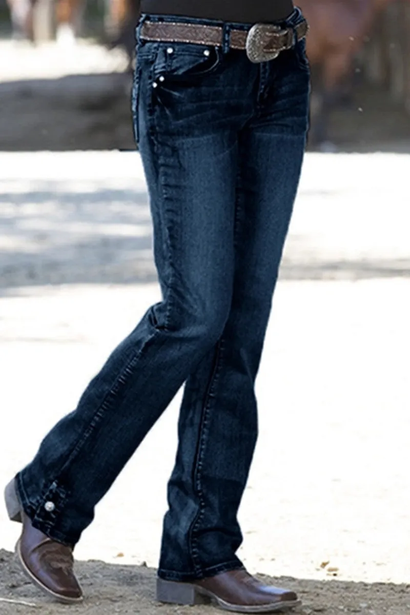 Casual Solid Patchwork Mid Waist Straight Denim Jeans