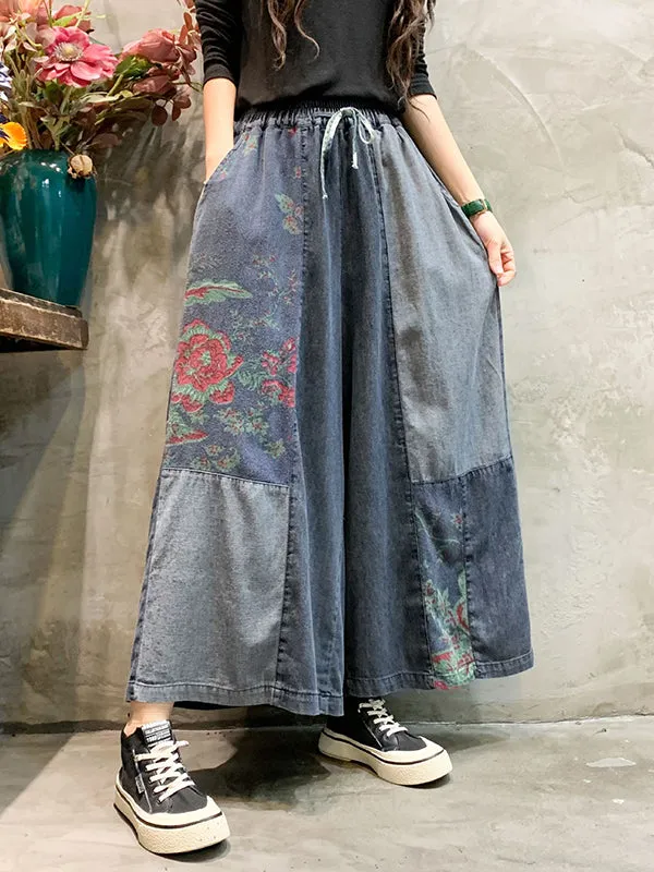 Casual Wide Leg Loose Elastic Waist Printed Color-Block Jean Pants Bottoms