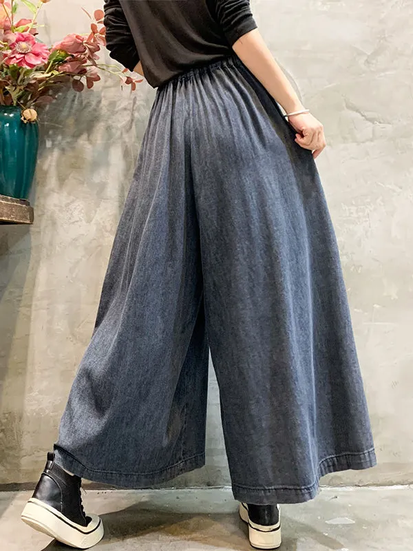 Casual Wide Leg Loose Elastic Waist Printed Color-Block Jean Pants Bottoms