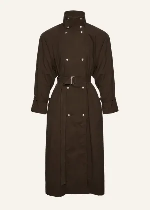 Cotton high collar trench coat in brown