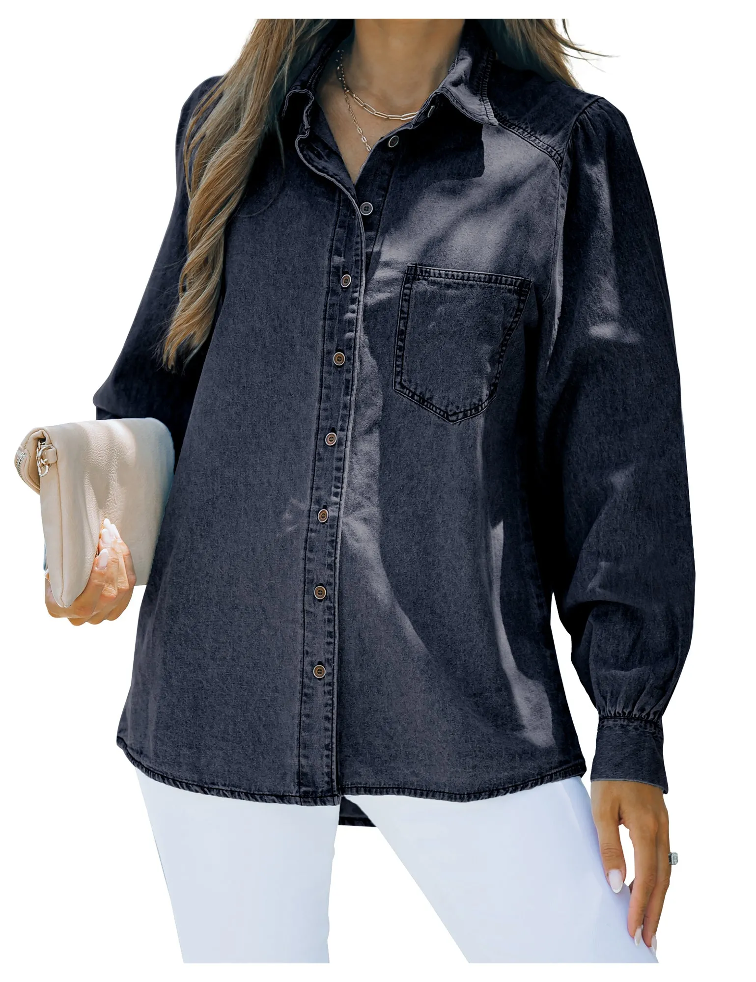 Dark Blue Puff Sleeves Button-Down Button-Down Top