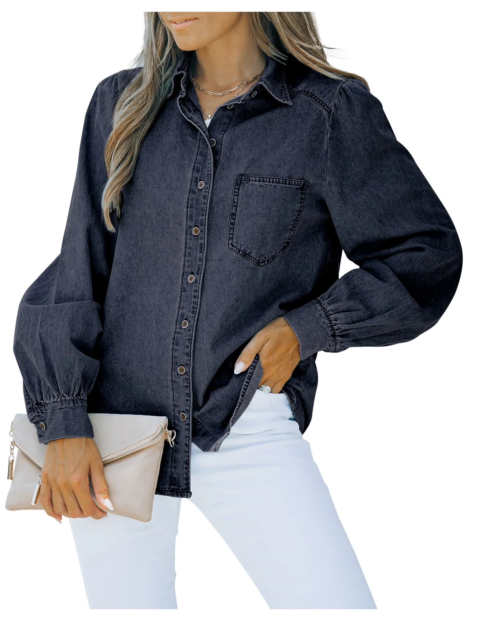 Dark Blue Puff Sleeves Button-Down Button-Down Top