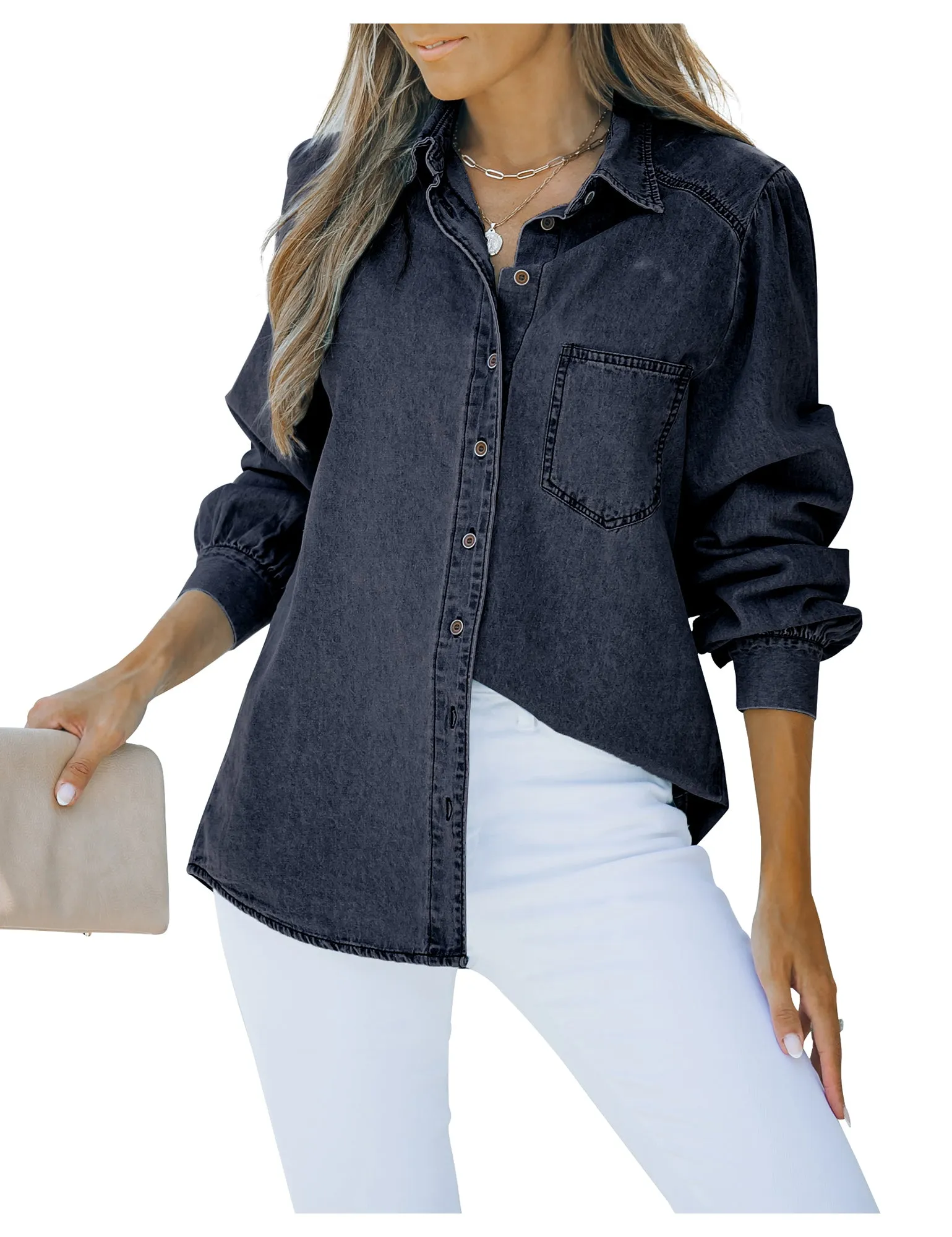 Dark Blue Puff Sleeves Button-Down Button-Down Top