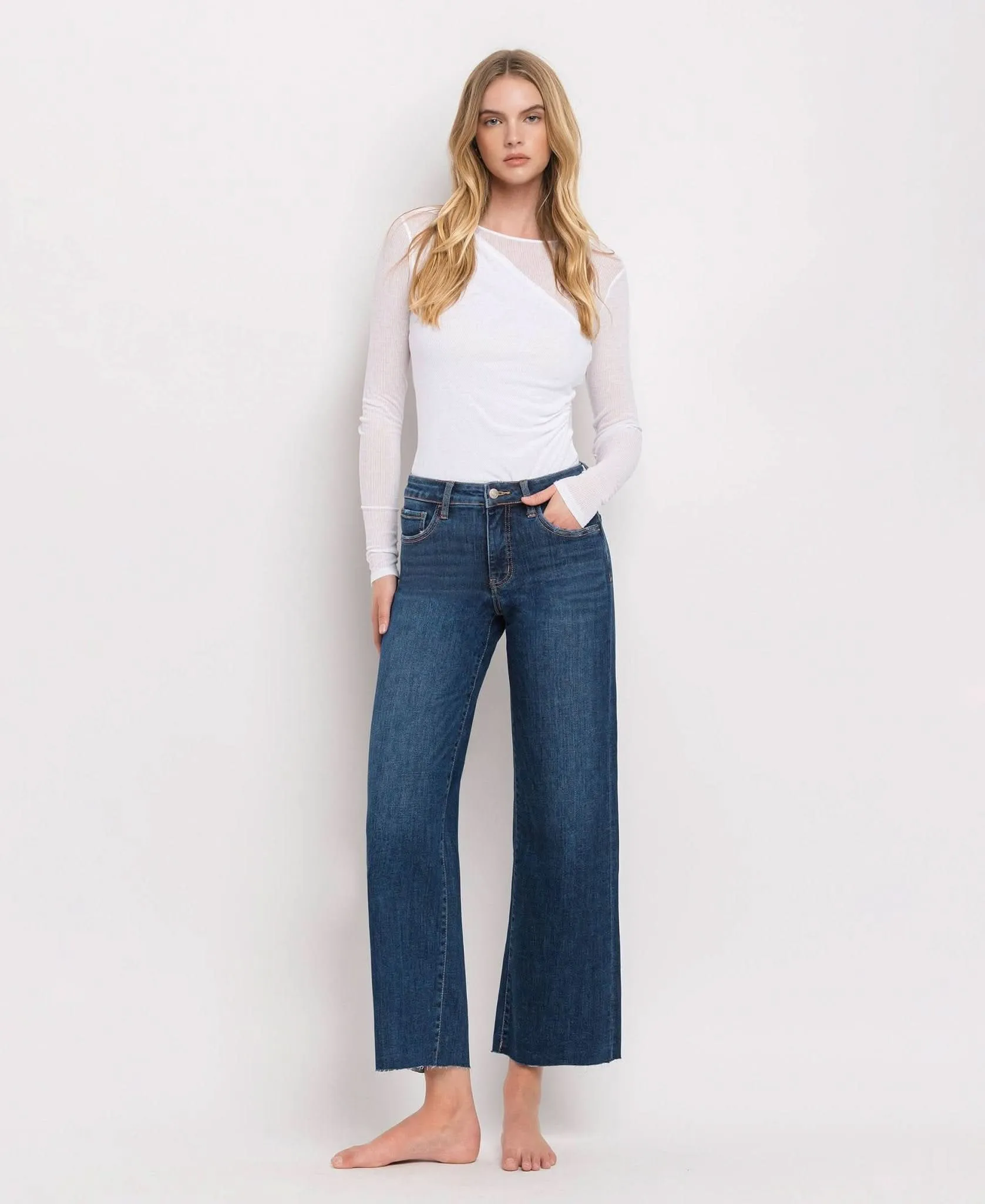 Dark Denim Tummy Control Mid Rise Wide Leg Jeans