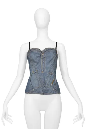 DOLCE & GABBANA JEAN DENIM BUSTIER TOP WITH LACE TRIM