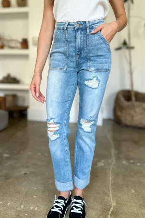 Full Size Distressed Straight Jeans with Patch Pockets