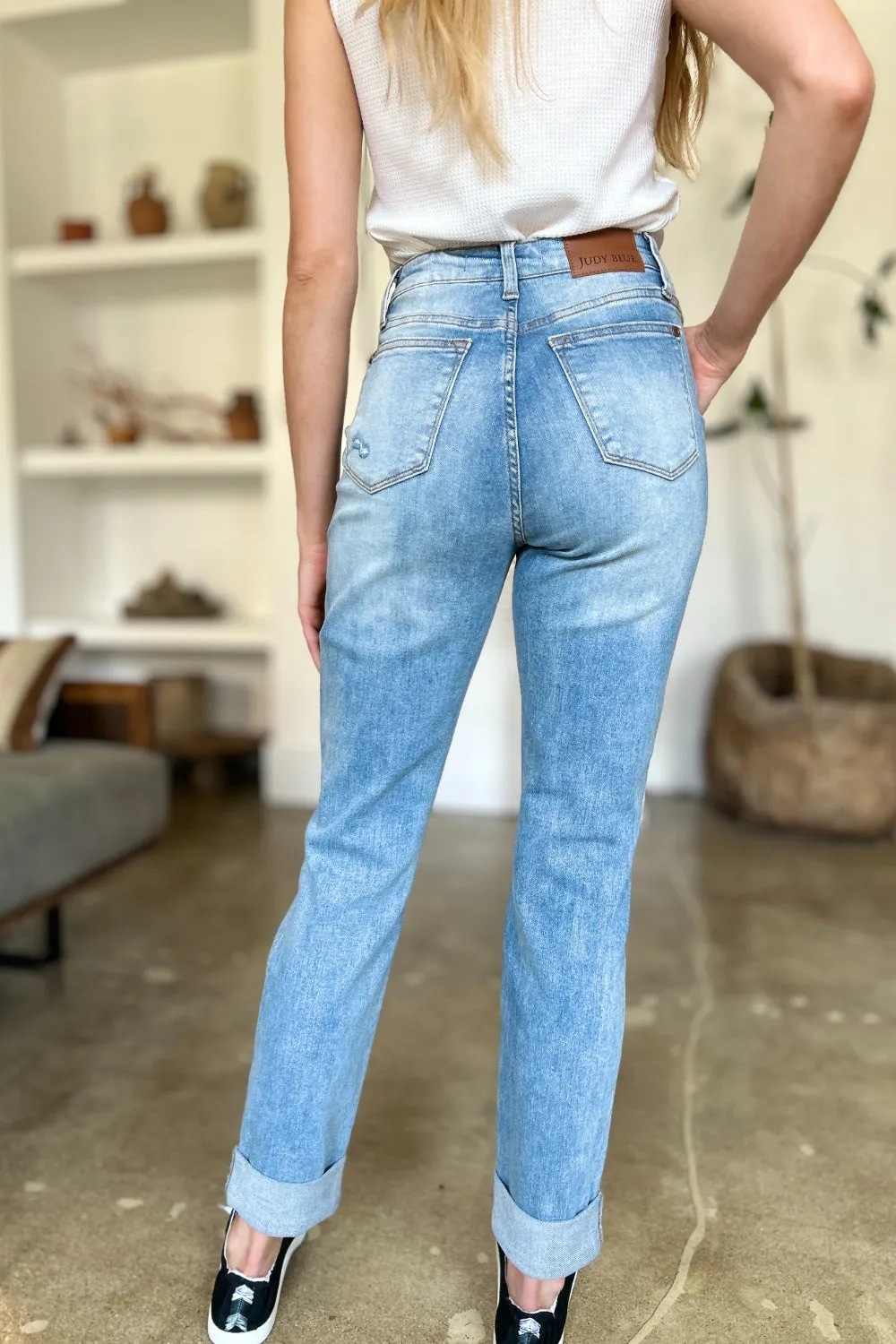 Full Size Distressed Straight Jeans with Patch Pockets