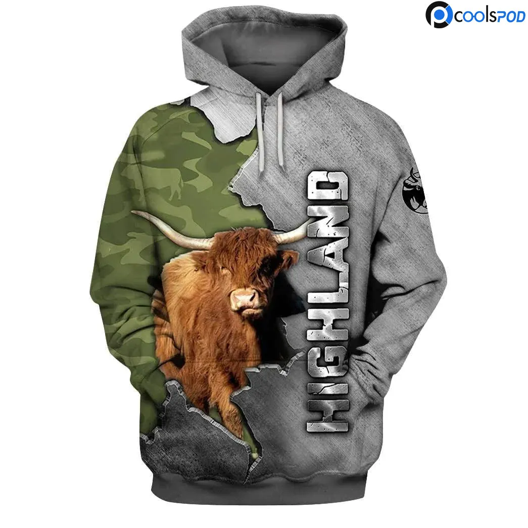 Highland Camo 3D All Over Printed Hoodie Farm Hoodie For Mom Farmer Dad Hoodie