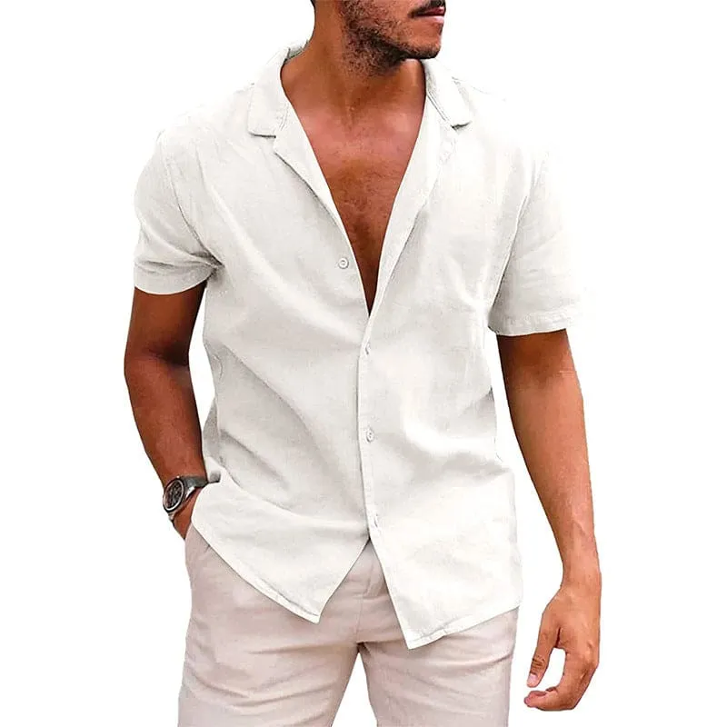 Men Lapel Collar Button Up Linen Short Sleeve Shirt