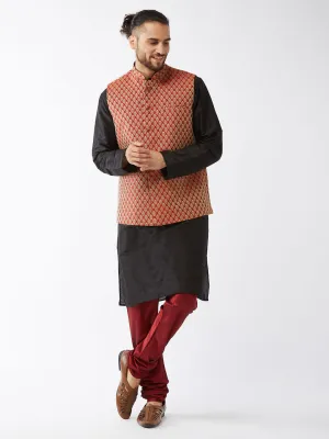 Men's Black And Maroon Silk Blend Jacket, Kurta And Pyjama Set - Vastramay