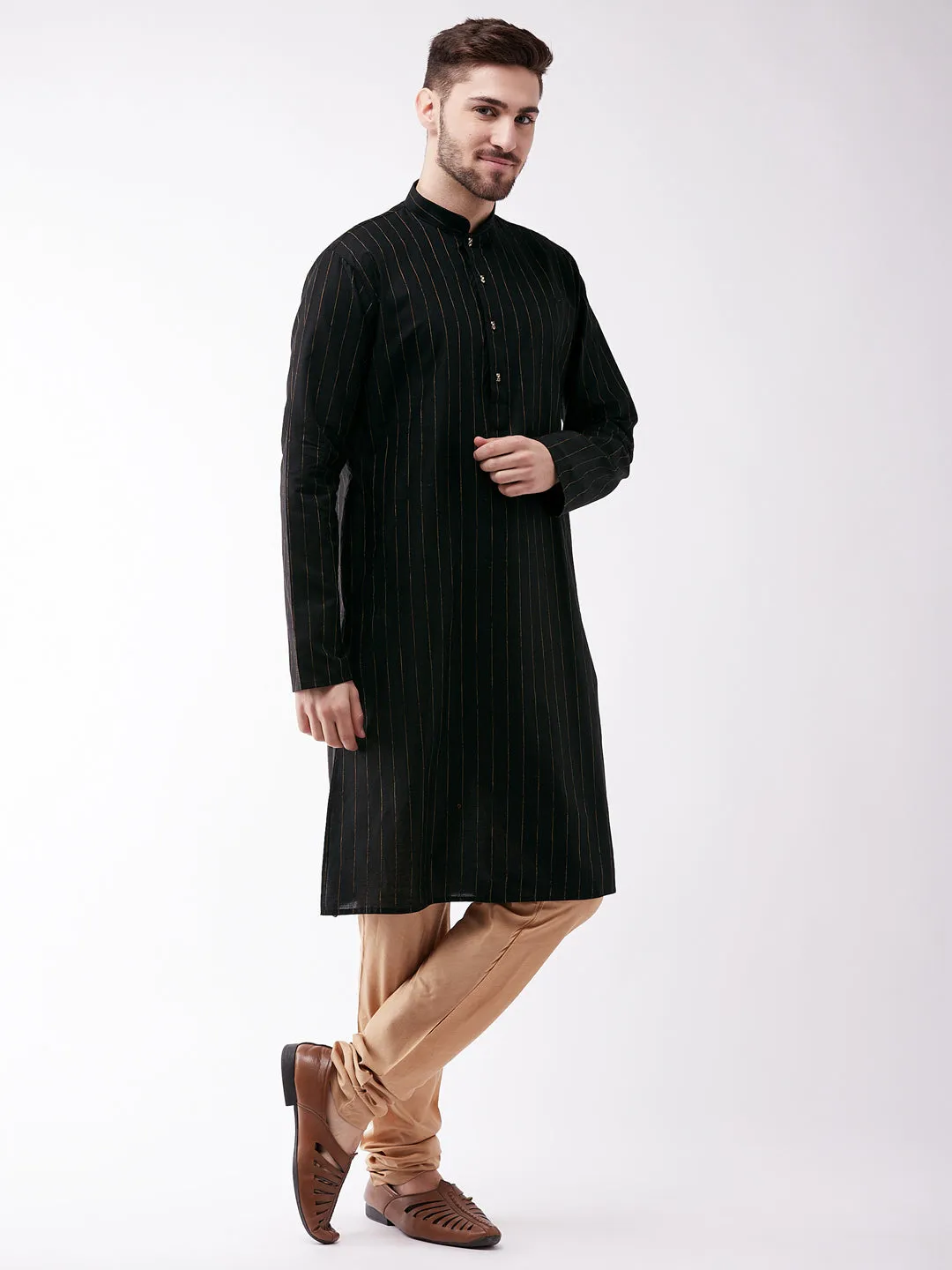 Men's Black And Rose Gold Cotton Blend Kurta Pyjama Set - Vastramay