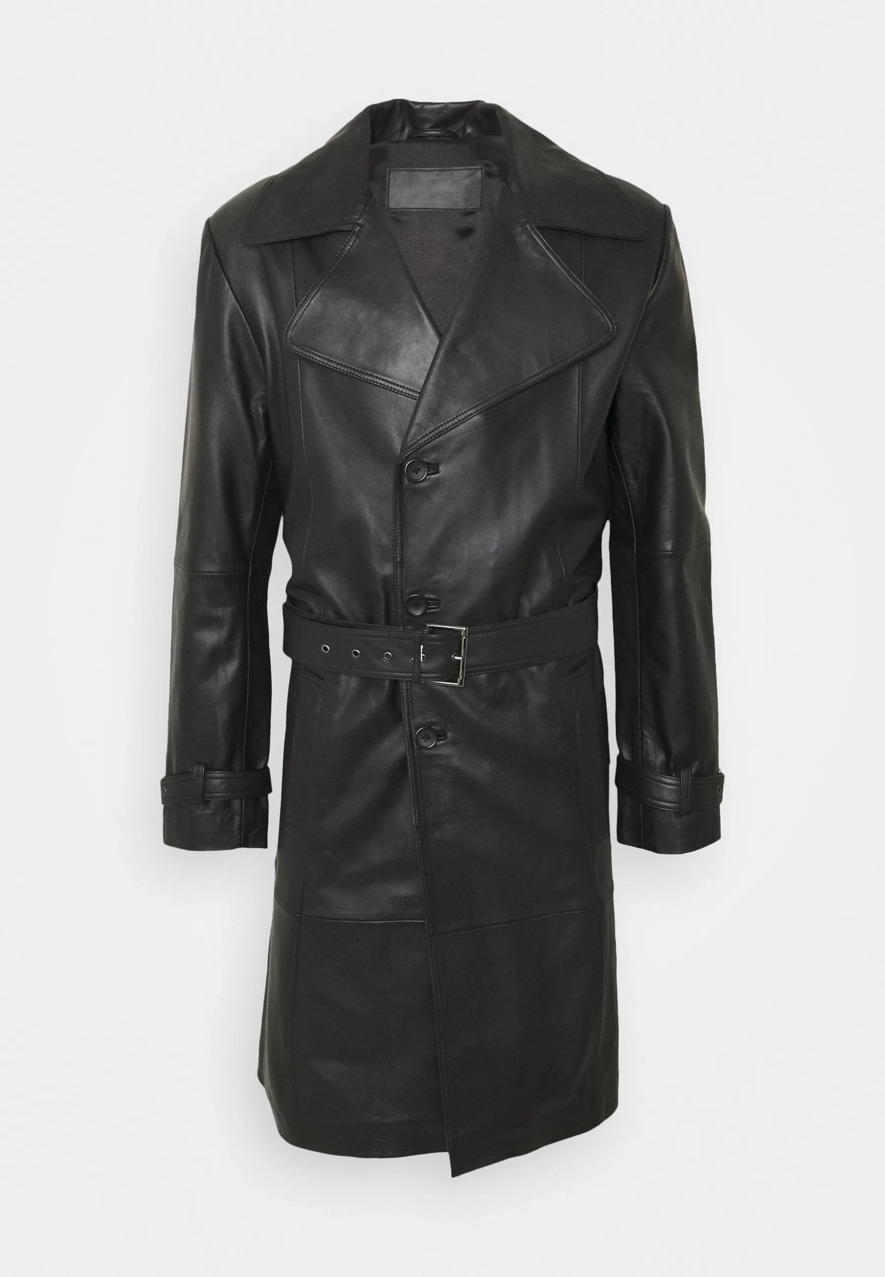 Men’s Black Leather Button Downed Trench Coat