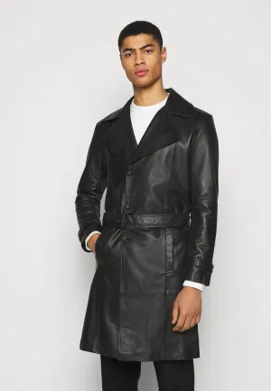 Men’s Black Leather Button Downed Trench Coat