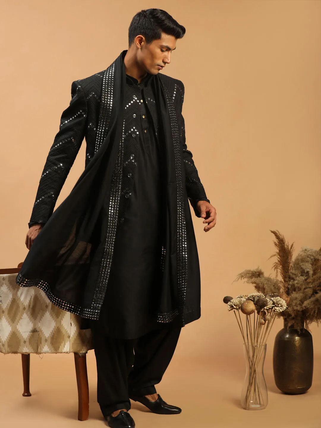 Men's Black Viscose Ethnic Combo Set - Shrestha By Vastramay