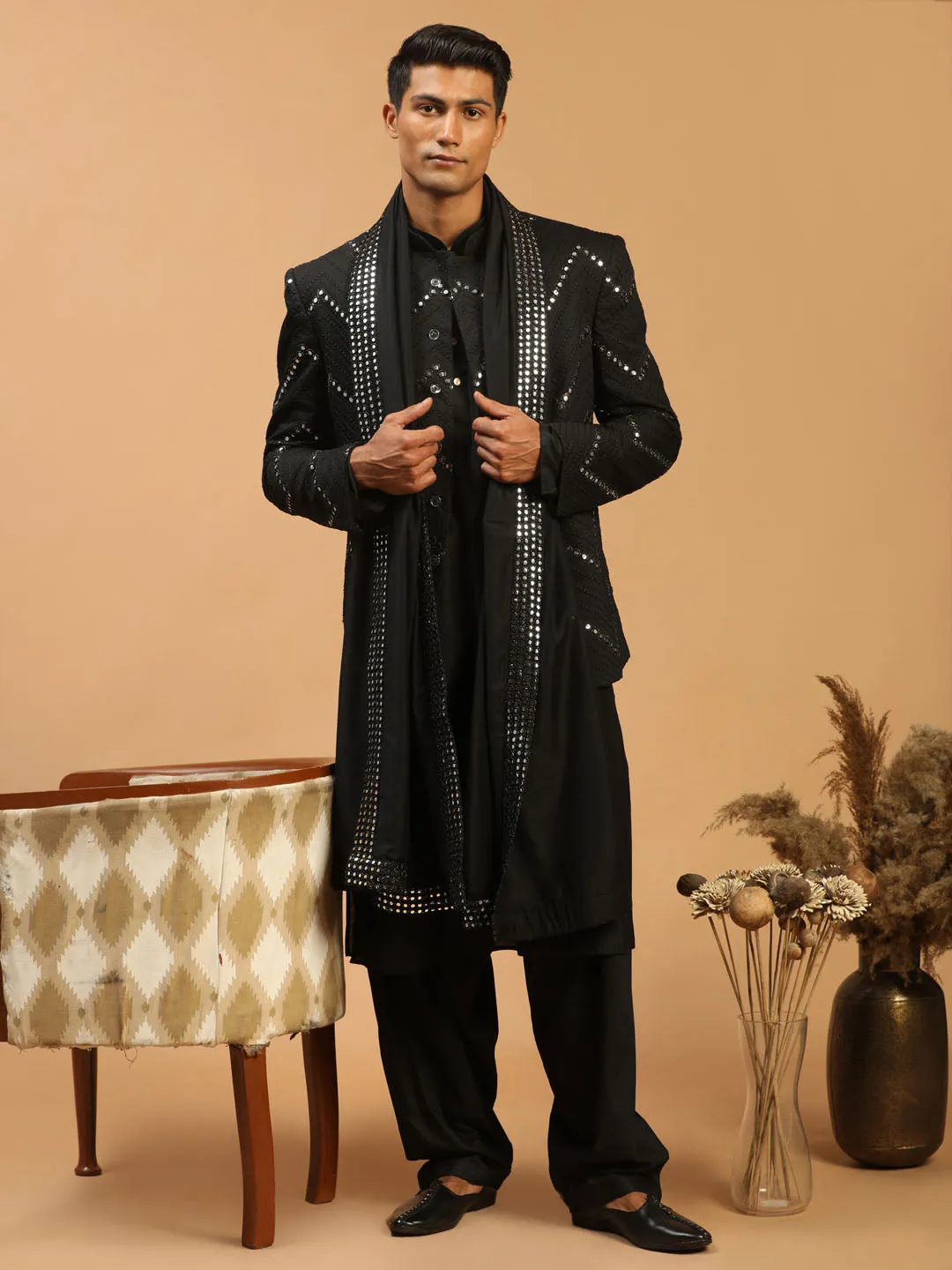 Men's Black Viscose Ethnic Combo Set - Shrestha By Vastramay