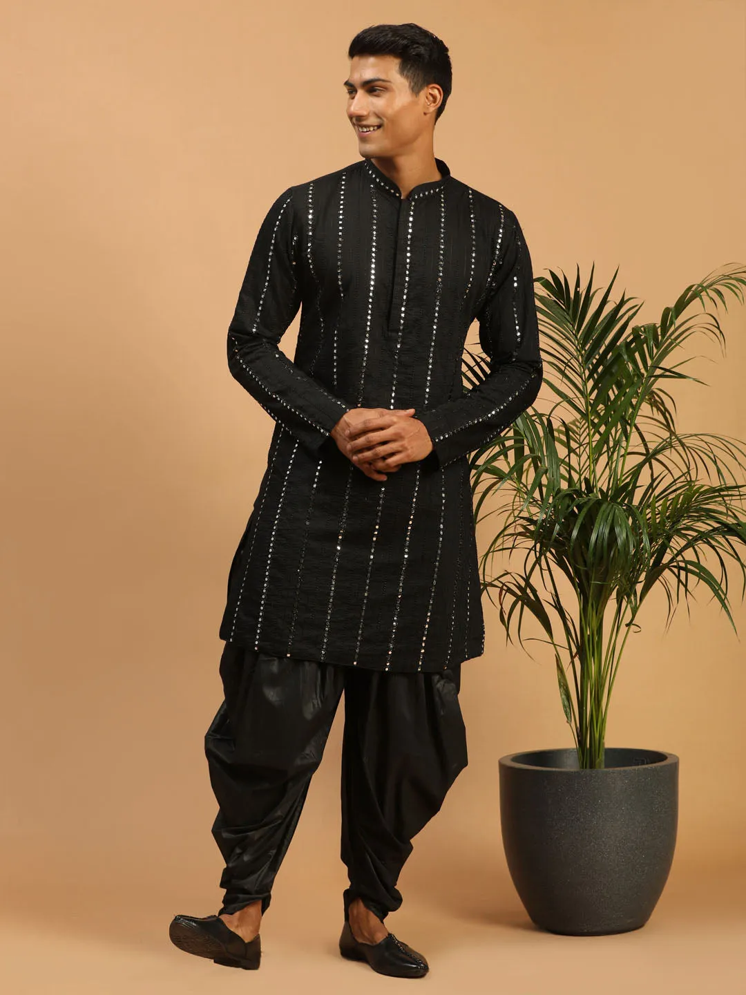 Men's Black Viscose Kurta And Dhoti Set - Shrestha By Vastramay