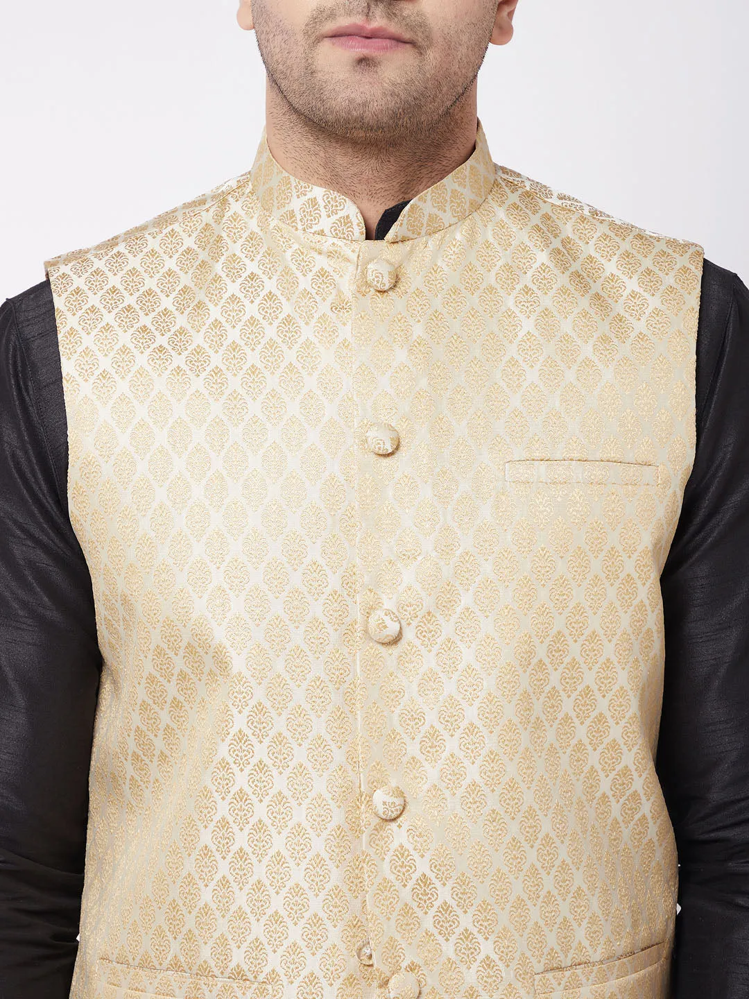 Men's Black,Cream And Gold Silk Blend Jacket, Kurta And Dhoti Set - Vastramay