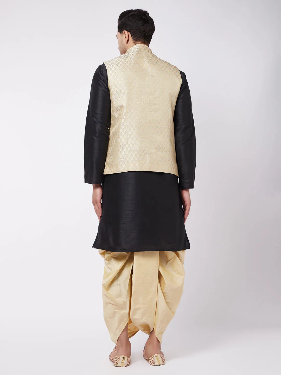 Men's Black,Cream And Gold Silk Blend Jacket, Kurta And Dhoti Set - Vastramay