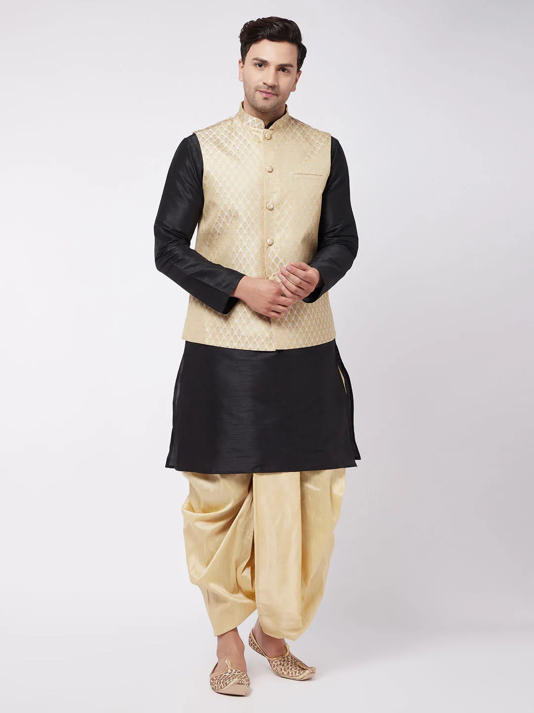 Men's Black,Cream And Gold Silk Blend Jacket, Kurta And Dhoti Set - Vastramay