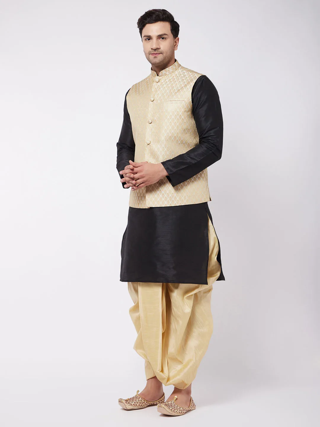 Men's Black,Cream And Gold Silk Blend Jacket, Kurta And Dhoti Set - Vastramay