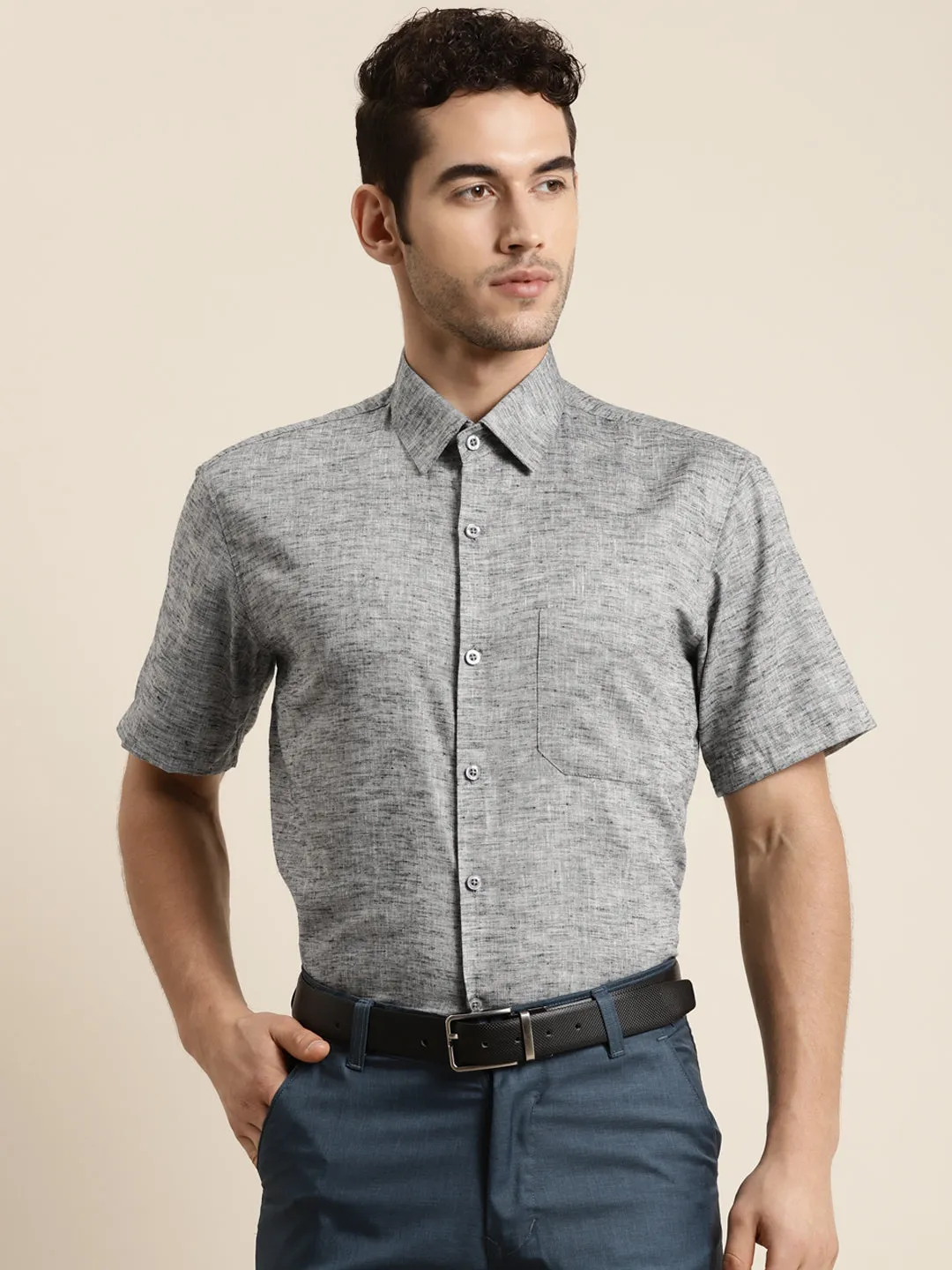 Men's Cotton Blend Grey Half sleeves Casual Shirt