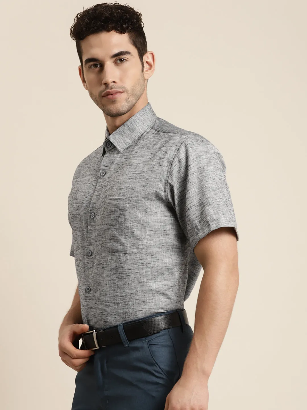 Men's Cotton Blend Grey Half sleeves Casual Shirt