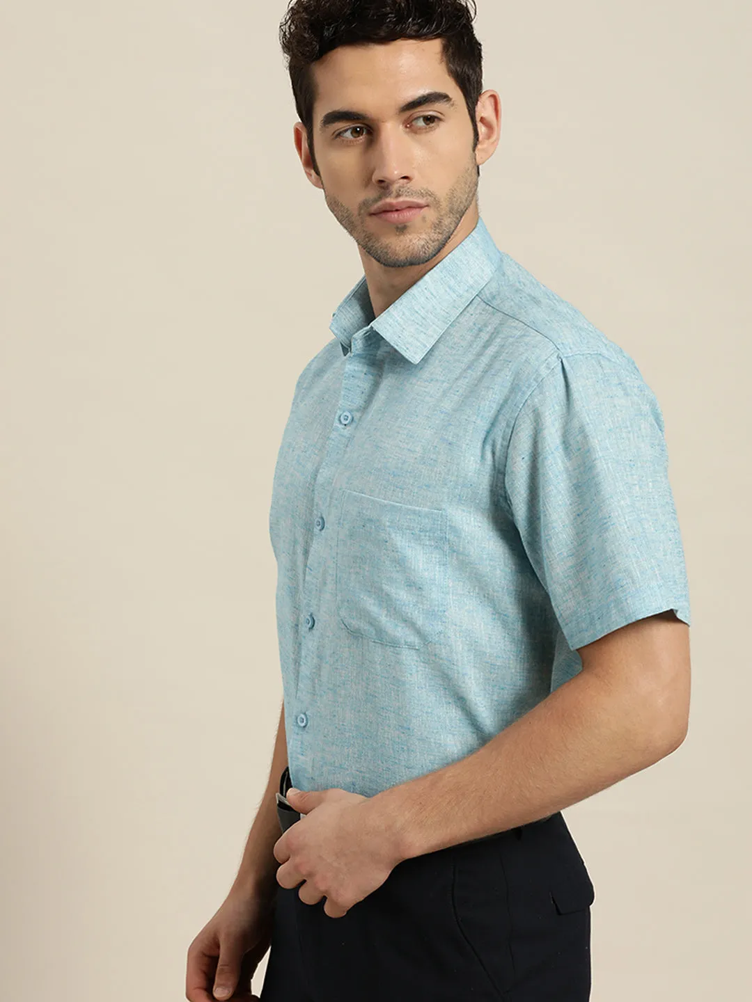 Men's Cotton Blend Sky Blue Classic Formal Shirt - Sojanya