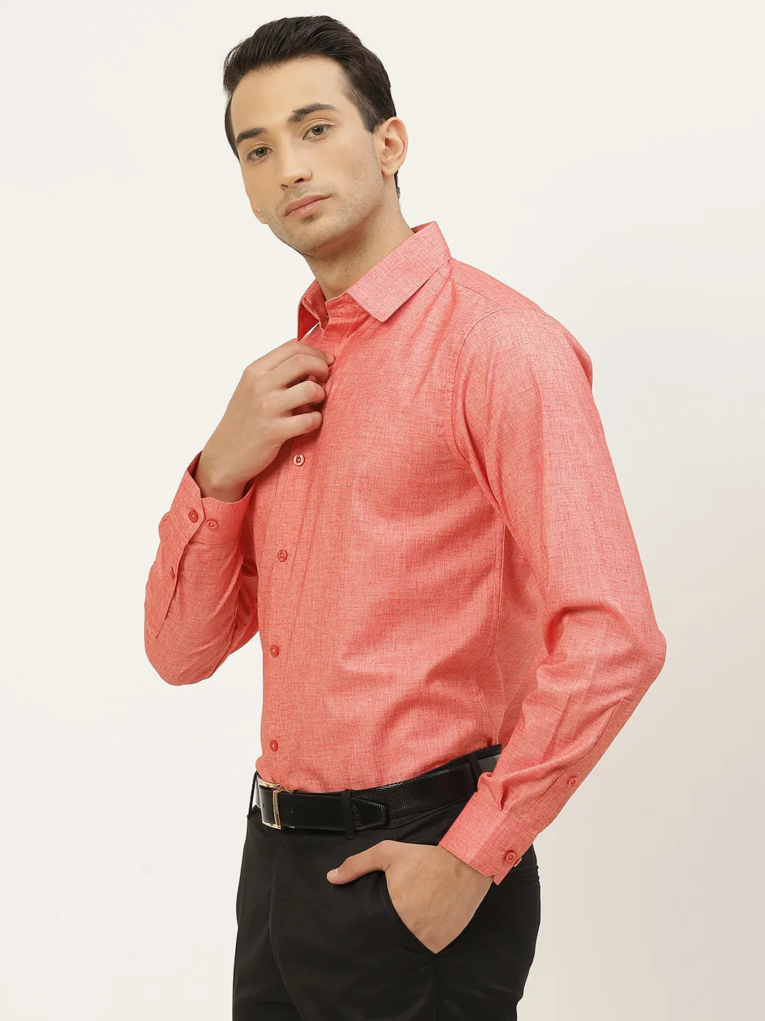 Mens Cotton Linen Coral Solid Formal Shirt - Sojanya