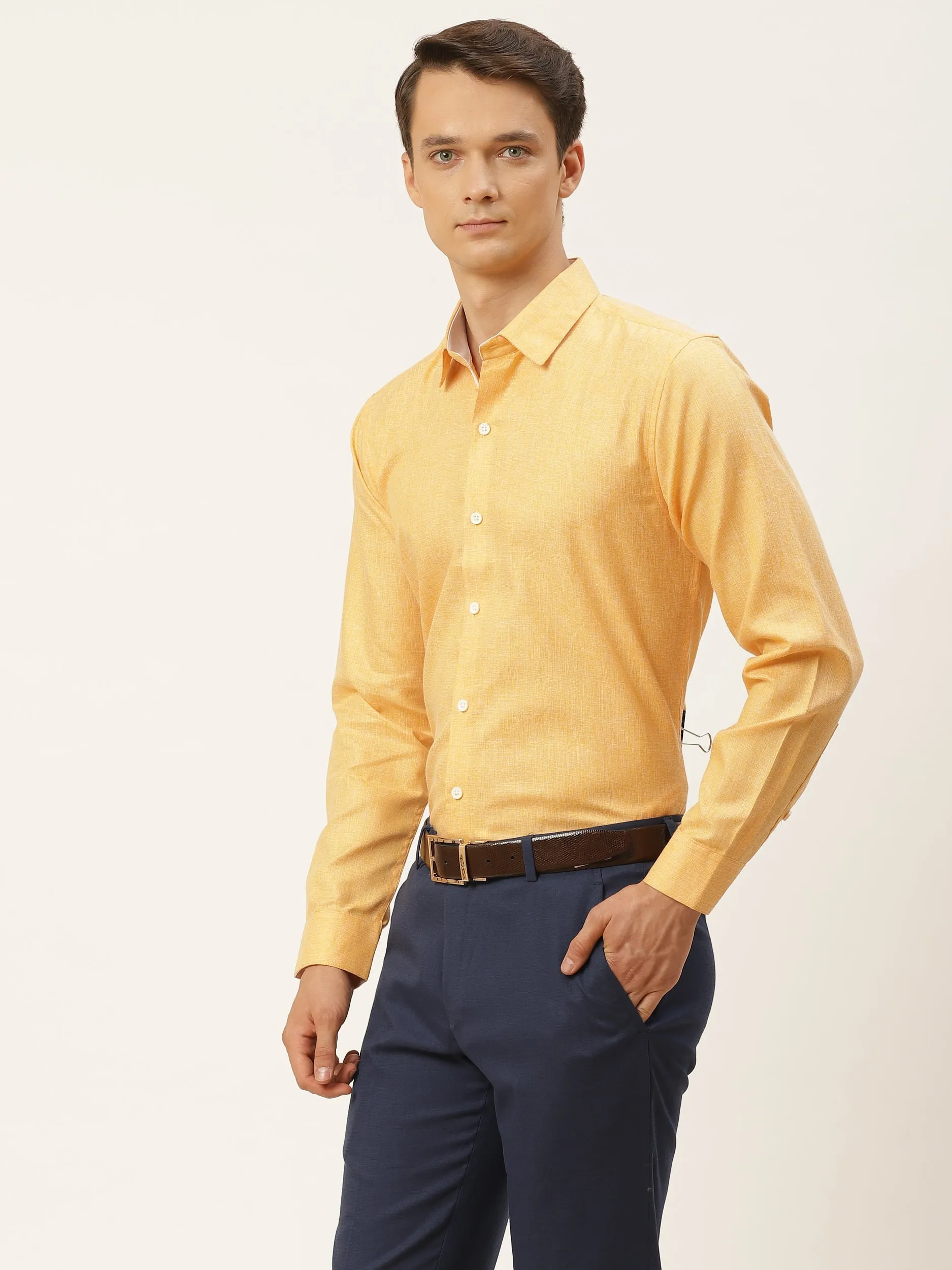 Men's Cotton Linen Dark Yellow Formal Shirt - Sojanya