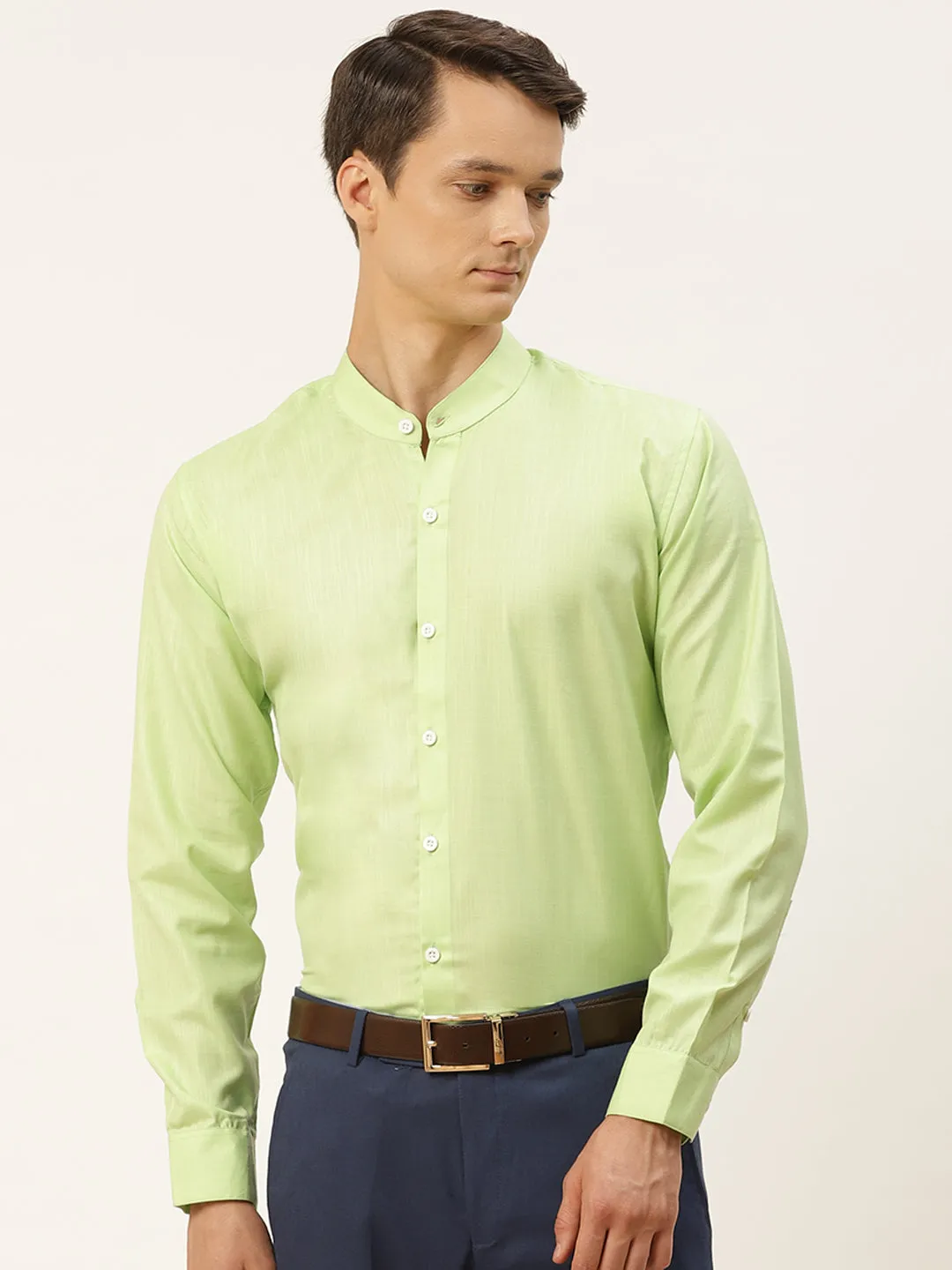 Mens Cotton Linen Green Chinese Collar Shirt - Sojanya