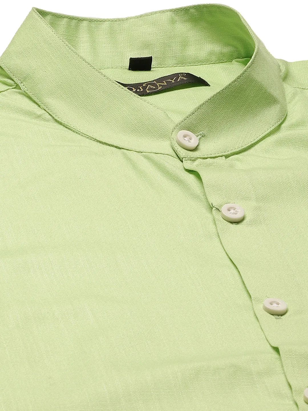 Mens Cotton Linen Green Chinese Collar Shirt - Sojanya