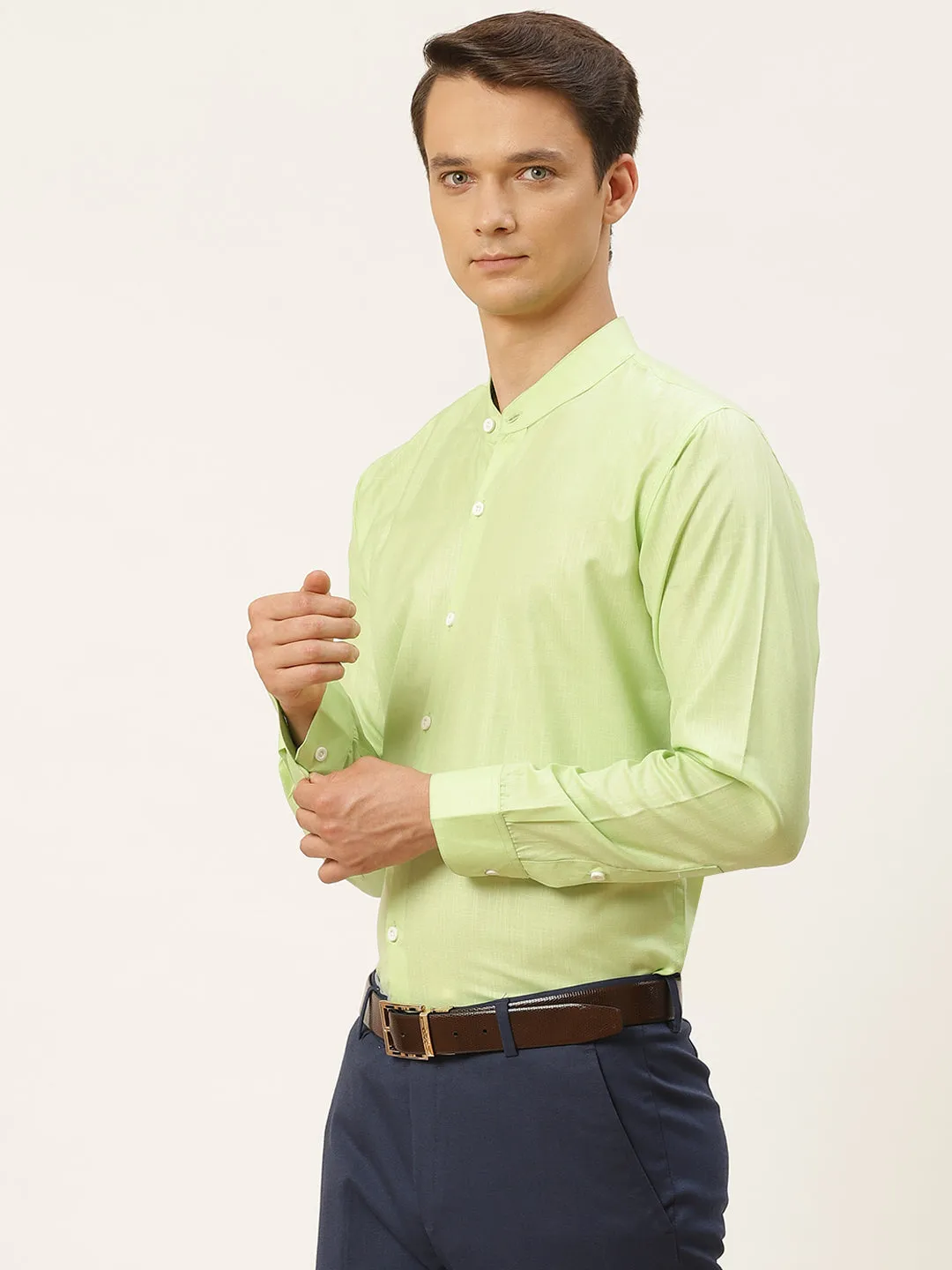 Mens Cotton Linen Green Chinese Collar Shirt - Sojanya